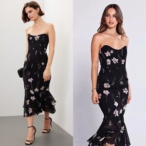 KATIE MAY Floral Chiffon Strapless Ruffle Tiered‎ Hem Fitted Sheath Midi Gown M